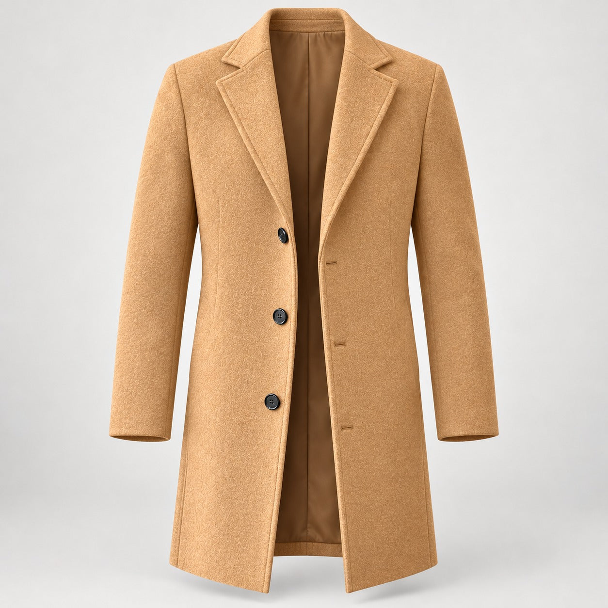 Single-Breasted Mid-Length Coat, Wool-Look – Men – Camel – front